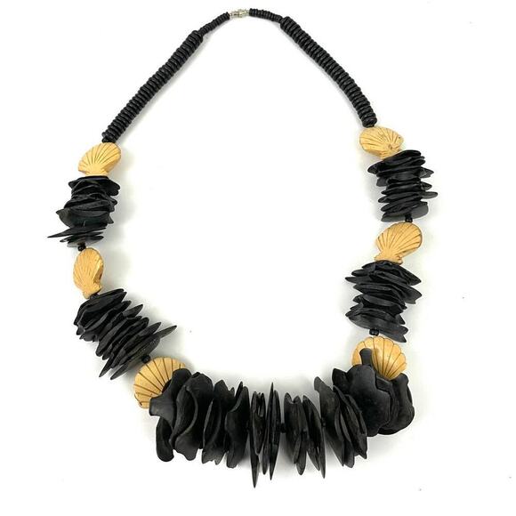 Boho Unique Wooden Beaded Chips Necklace 30" Carved Shell Beads Chunky VTG 90's - Picture 8 of 12